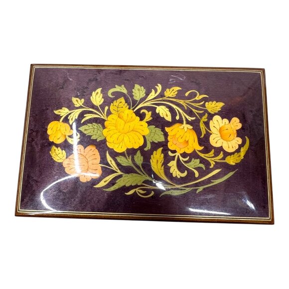 Vintage Italian Inlaid Wood Music Jewelry Box Mayflower Sorrento Yellow Flowers - Picture 1 of 13